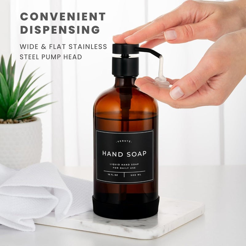 Verute Hand and Dish Soap Dispenser for Kitchen and Bathroom, Set of 2 16 Oz Glass Bottles, Stainless Steel Pumps, Non-Slip Silicone Base, 27 Waterproof Labels (Amber Bottle/Black Pump) - Image 4